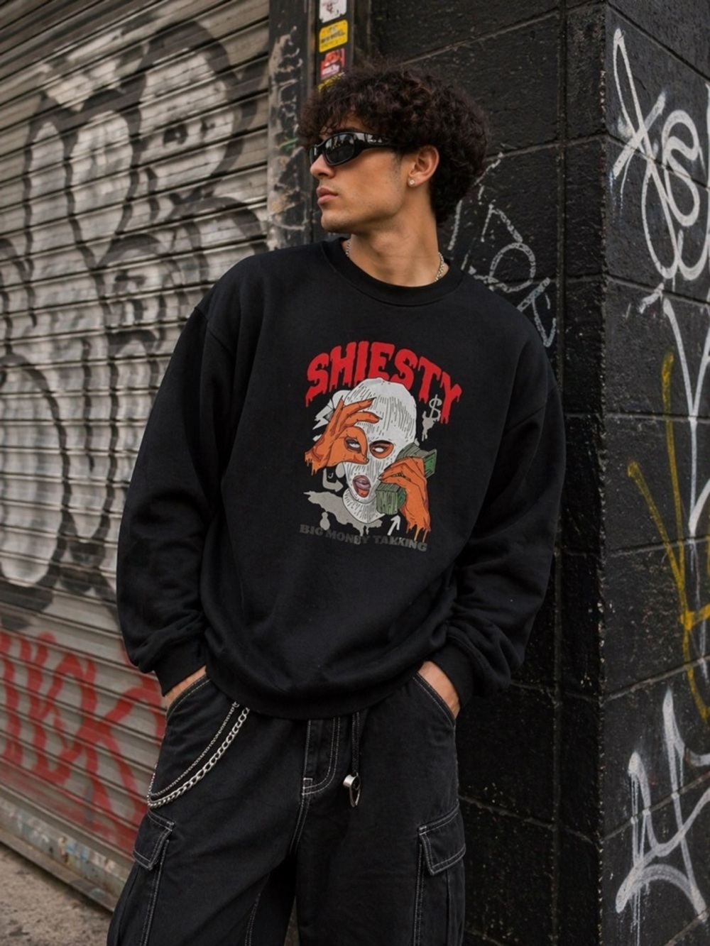 Black Graphic Crewneck Sweater “ Shiesty “ Size XL Unisex